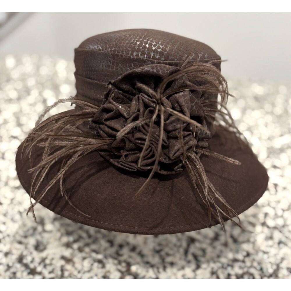 Something Special Elegant Brown Wool Wide Brim Church Hat W/ Flowers & Feathers